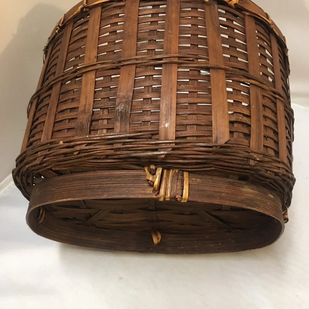 Woven Bamboo Basket Home Decor Brown Oval Footed Handle 9.5in Rustic Bohemian